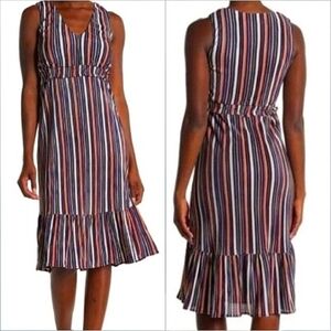 Superfoxx V Neck Midi Dress in Accordion Stripe Navy Blue and White Size Sm NWT